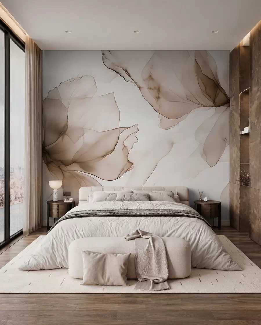 murales de pared Flores de estilo fluido, abstracción floral, acuarela, paleta de colores beige  w03406v3