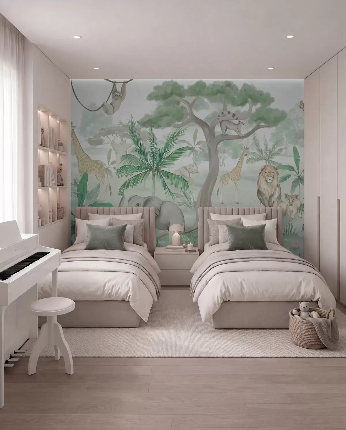 murales de pared Panorama de selva con animales en tonos verdes w03444v2