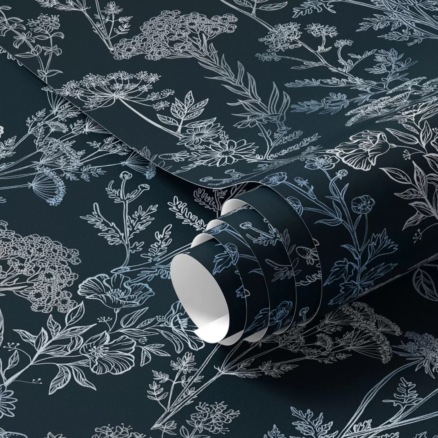 murales de pared Plantas blancas y azules sobre fondo oscuro a00029