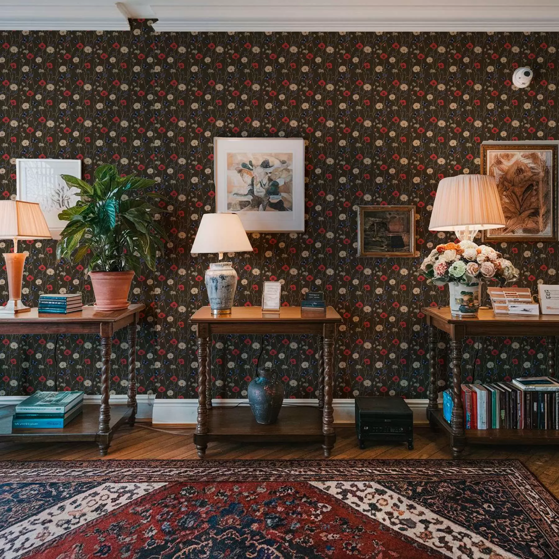 murales de pared Amapolas, margaritas y mariposas sobre fondo oscuro a00072v2