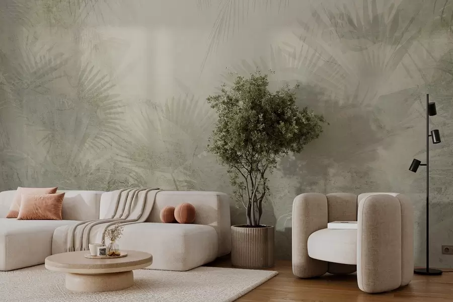 murales de pared Papel pintado retro tropical texturizado en tonos beige w03399