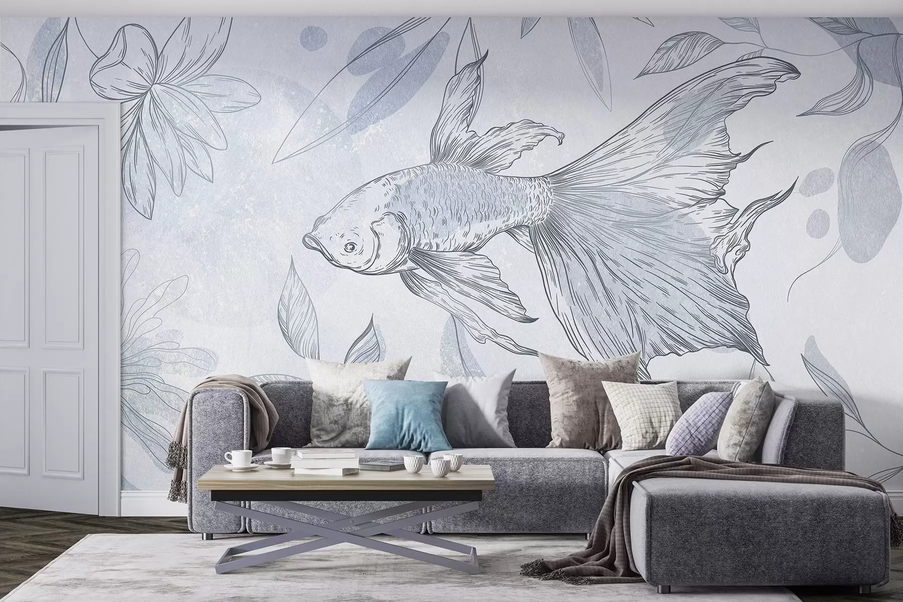 murales de pared Pez con elementos florales, fondo azul, dibujo lineal w03517v2
