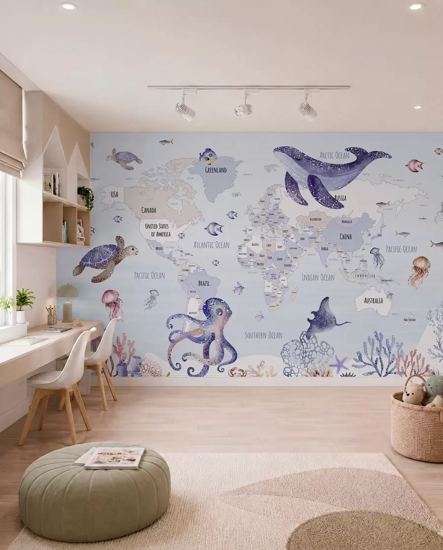 murales de pared Mundo submarino con mapamundi w03526v1