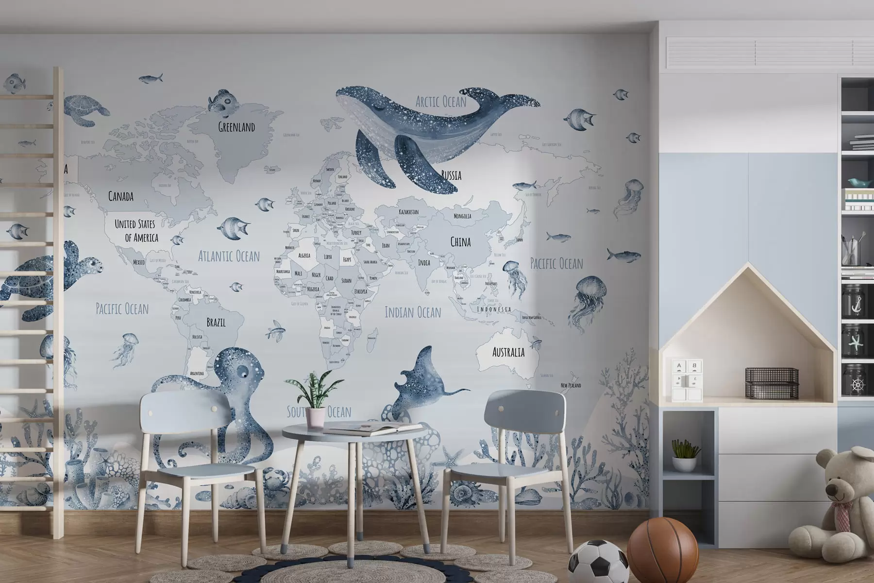 murales de pared Mundo submarino con mapamundi w03526v3