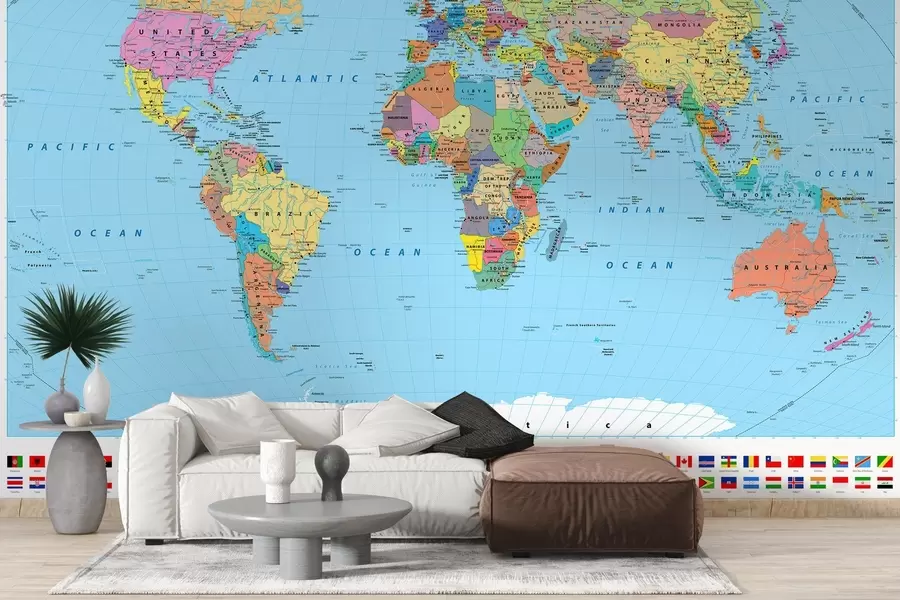 murales de pared Mapa del mundo con banderas de países u60137
