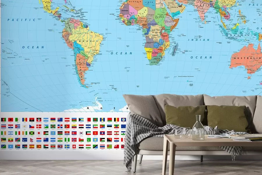 murales de pared Mapa del mundo con banderas de países u60137