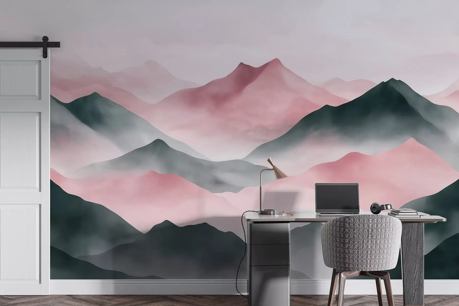 murales de pared Paisajes de montaña, estilo acuarela, niebla, rosa y gris w03548v1