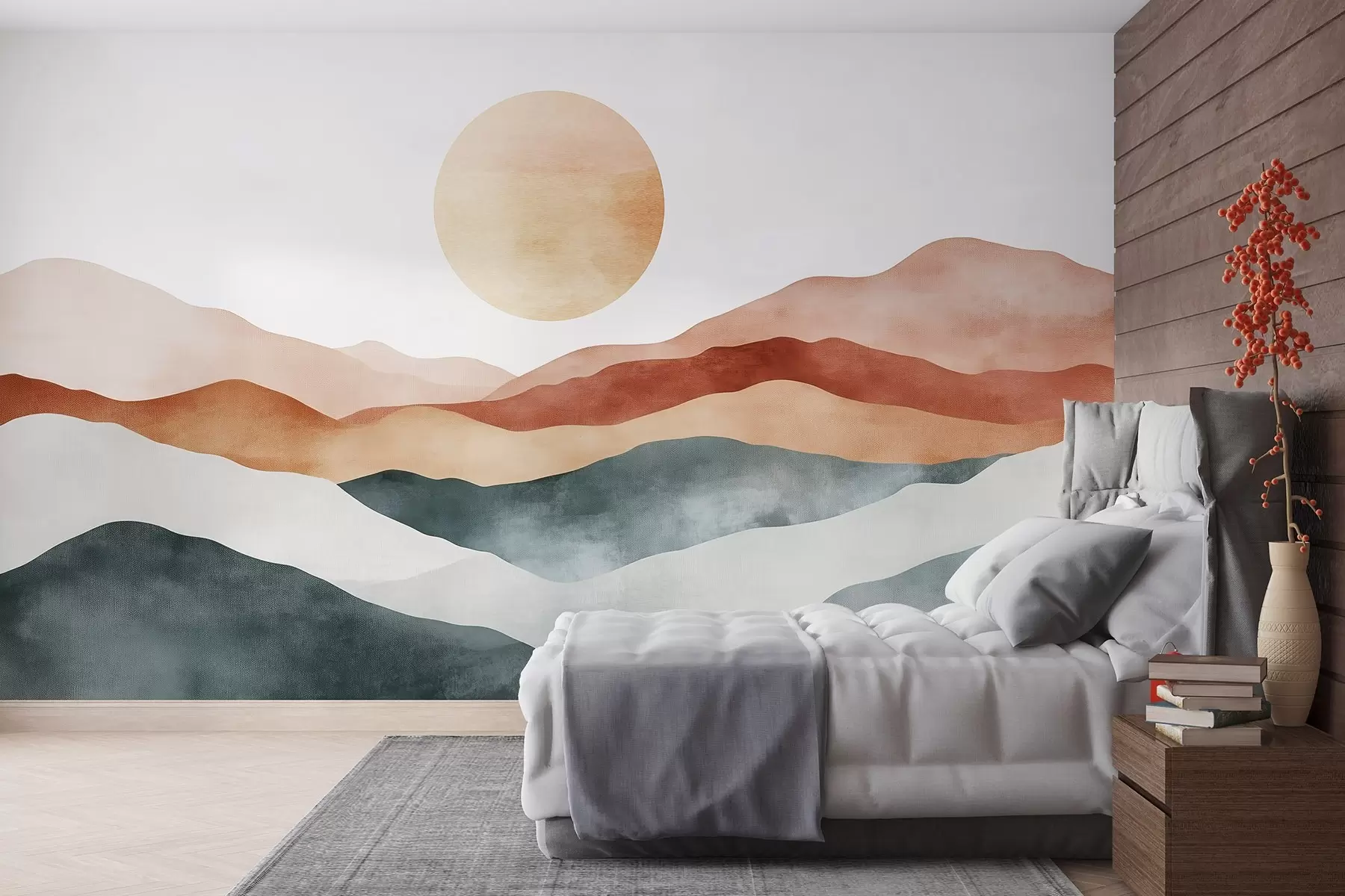 murales de pared Acuarela montañas con el Sol, estilo boho, rojo, naranja, gris w03551