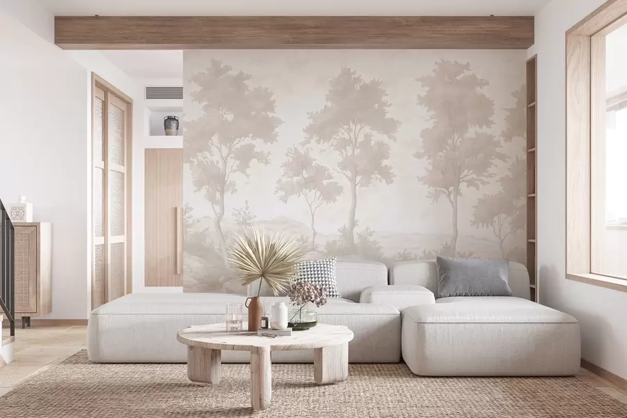 murales de pared Árboles en la colina, dibujo estilo pastel, colores beige, rústico w03550