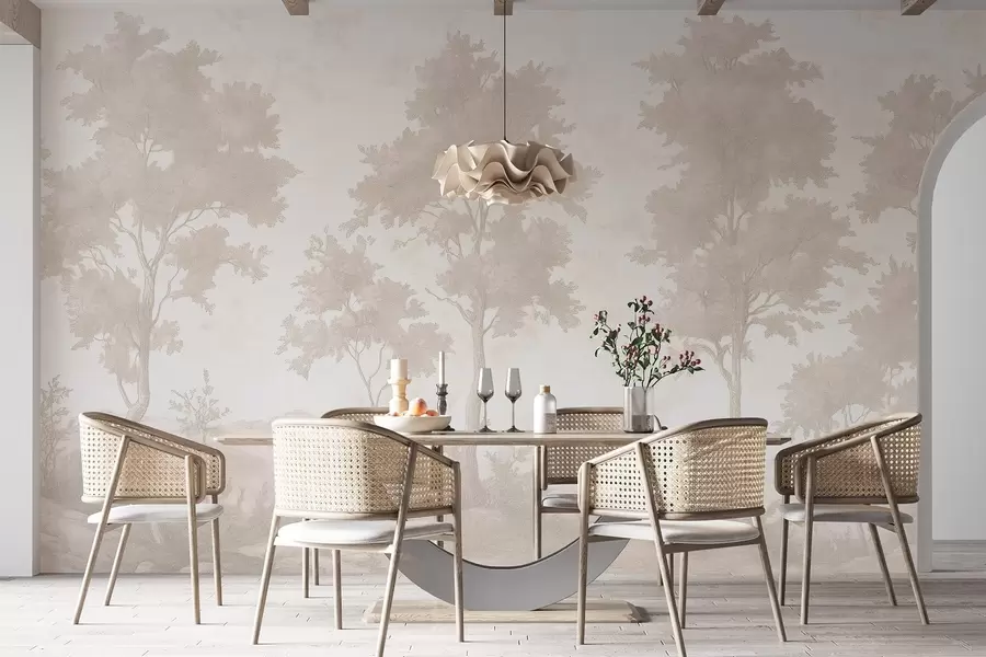 murales de pared Árboles en la colina, dibujo estilo pastel, colores beige, rústico w03550