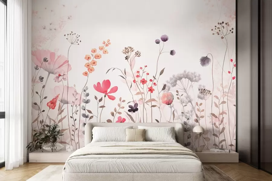 murales de pared Flores silvestres estilo acuarela con amapolas, crisantemos, dientes de león y hierba w08956