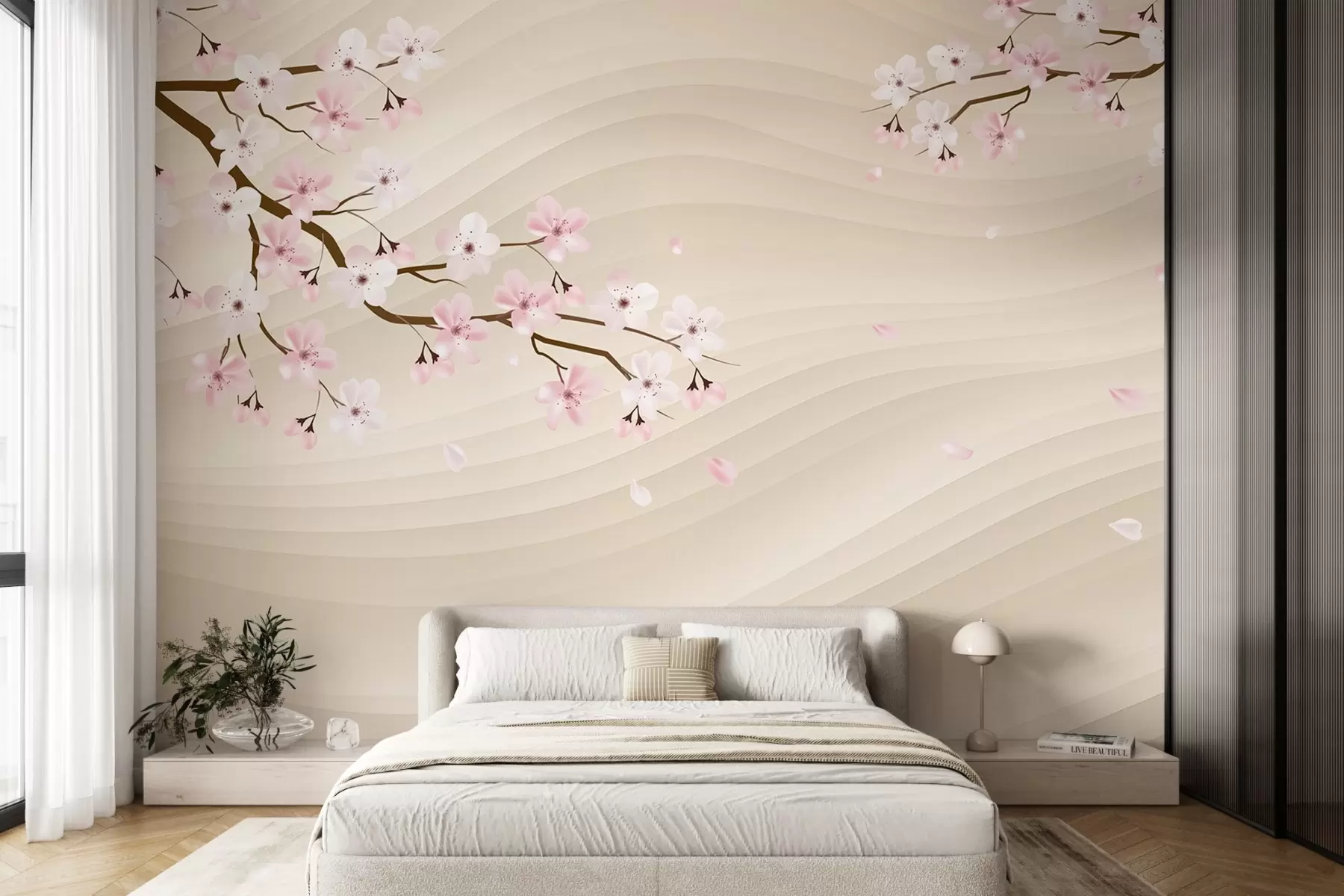 murales de pared Ramas de sakura sobre fondo ondulado de arena w08959