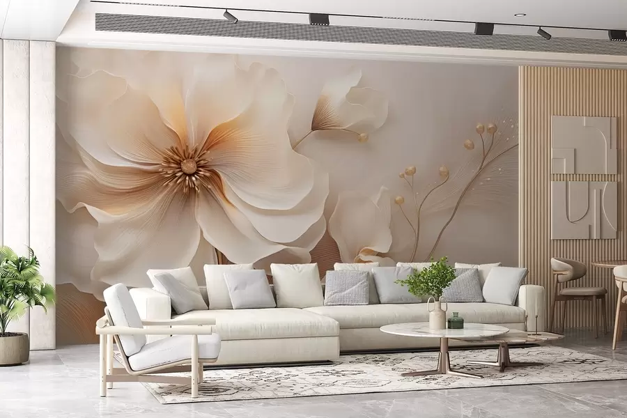 murales de pared Hierbas silvestres beige y marrón claro con flores en tonos beige w08960