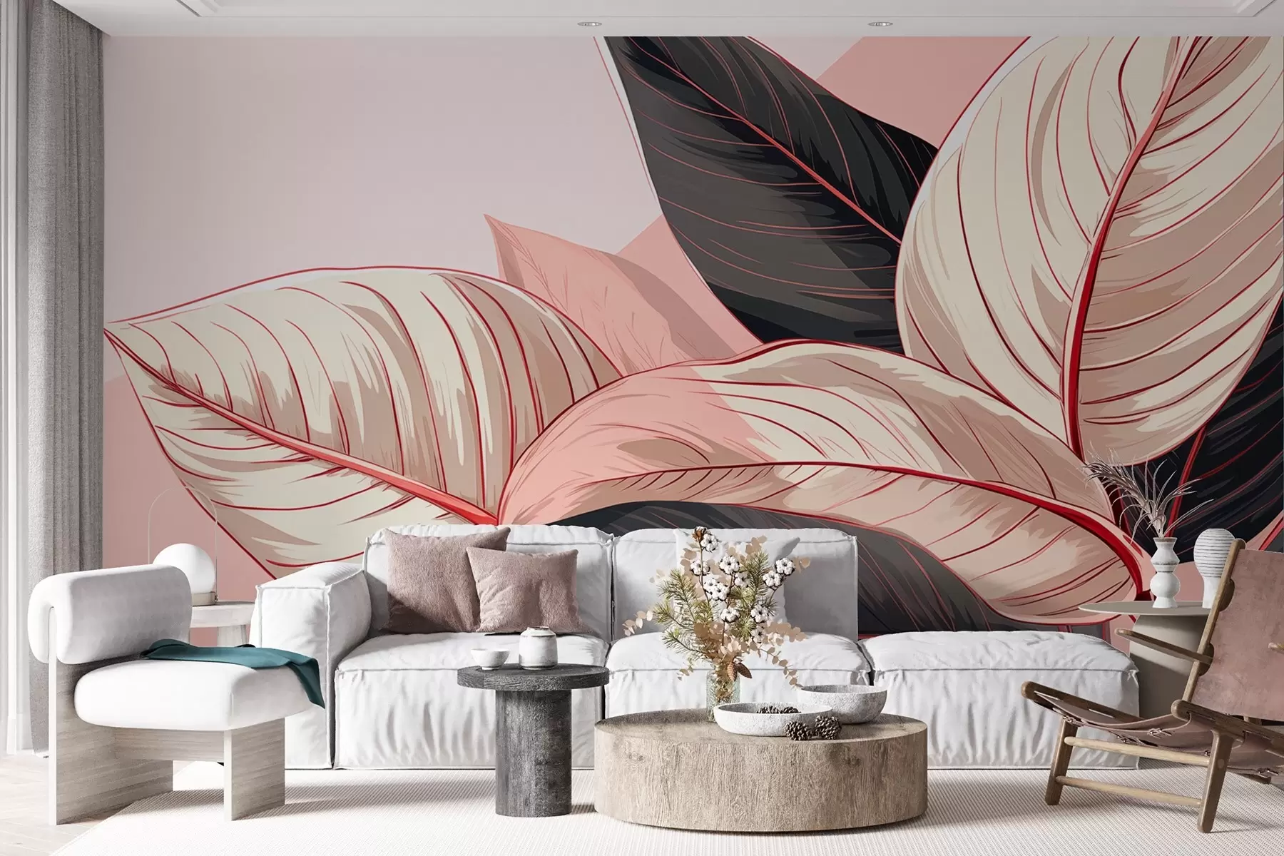 murales de pared Hojas tropicales grandes de color gris rosado con un fragmento rosa w08970v1