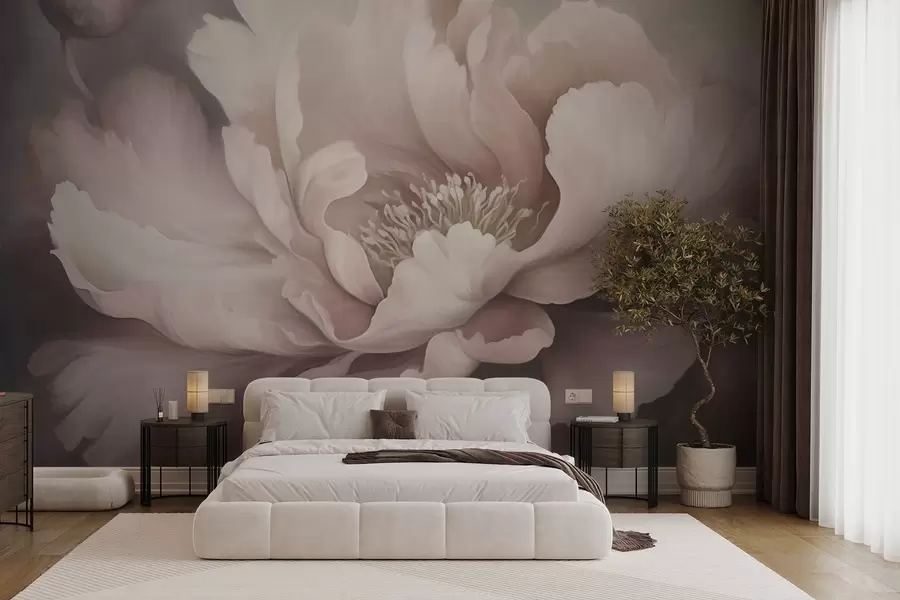 murales de pared Flor de peonía en tonos pastel sobre fondo de niebla w03600v1