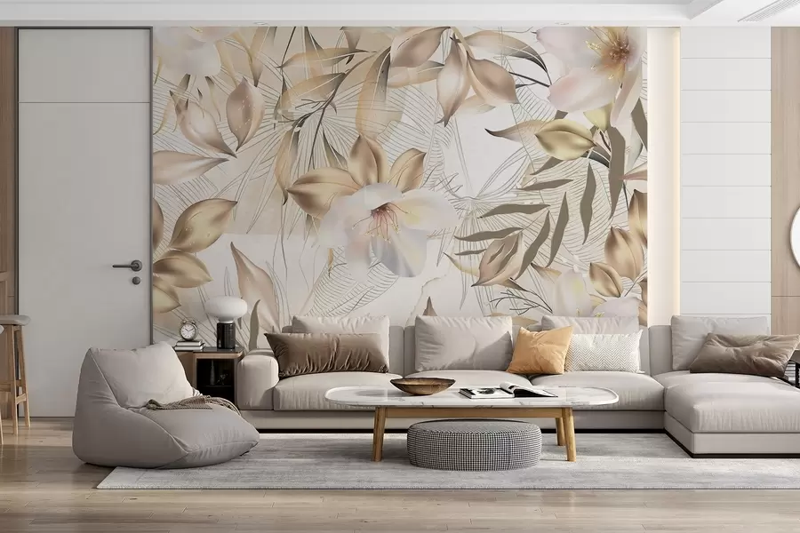 murales de pared Flores y hojas de jazmín, colores suaves, ilustración botánica, fondo floral , diseño elegante, pétalos delicados w08977