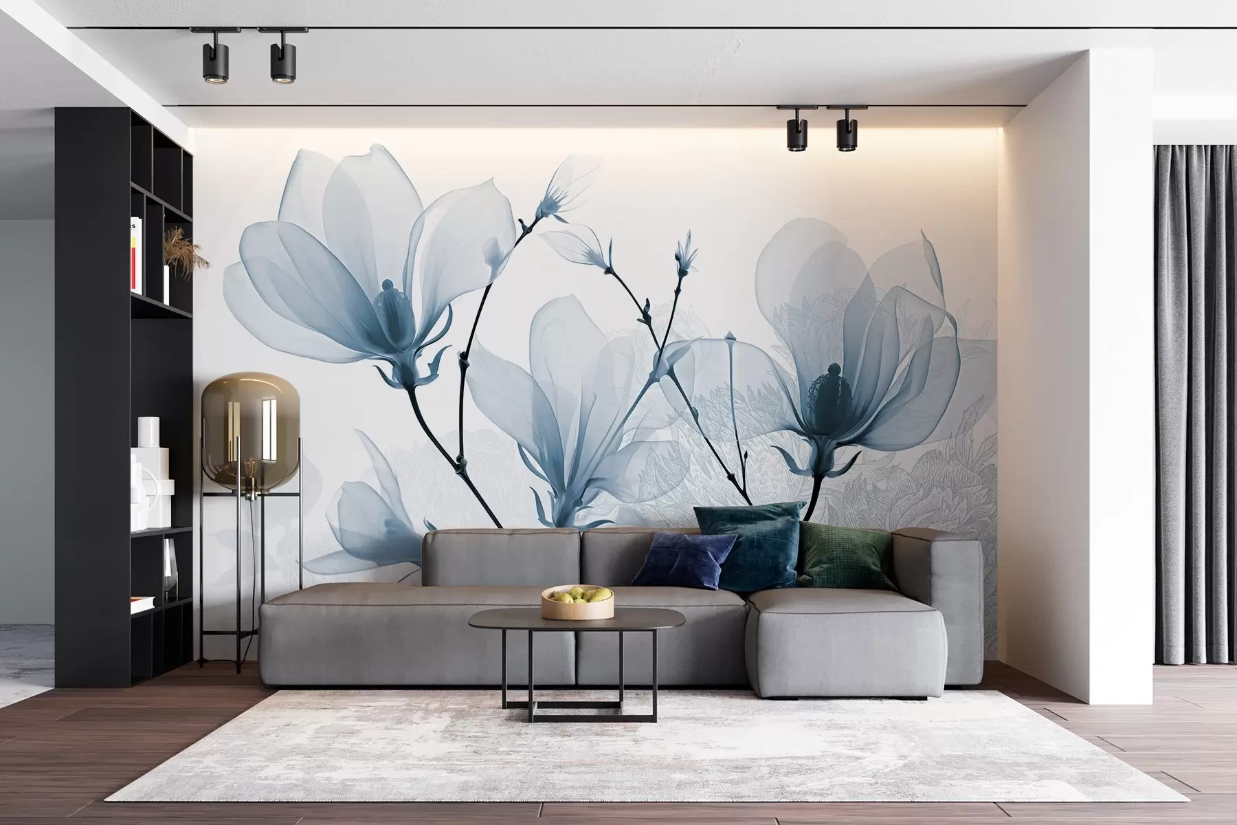 murales de pared Flores de magnolia azul translúcido con siluetas de flores de delicados pétalos y tallos oscuros w08978