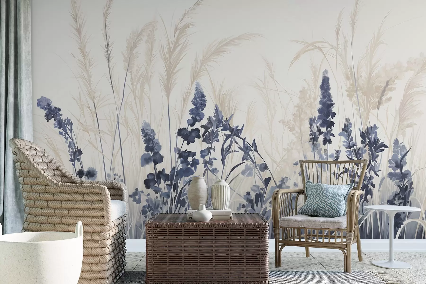 murales de pared Flores azules y juncos beige en un campo, textura de pintura minimalista, fondo claro, colores suaves, pinceladas delicadas w08982