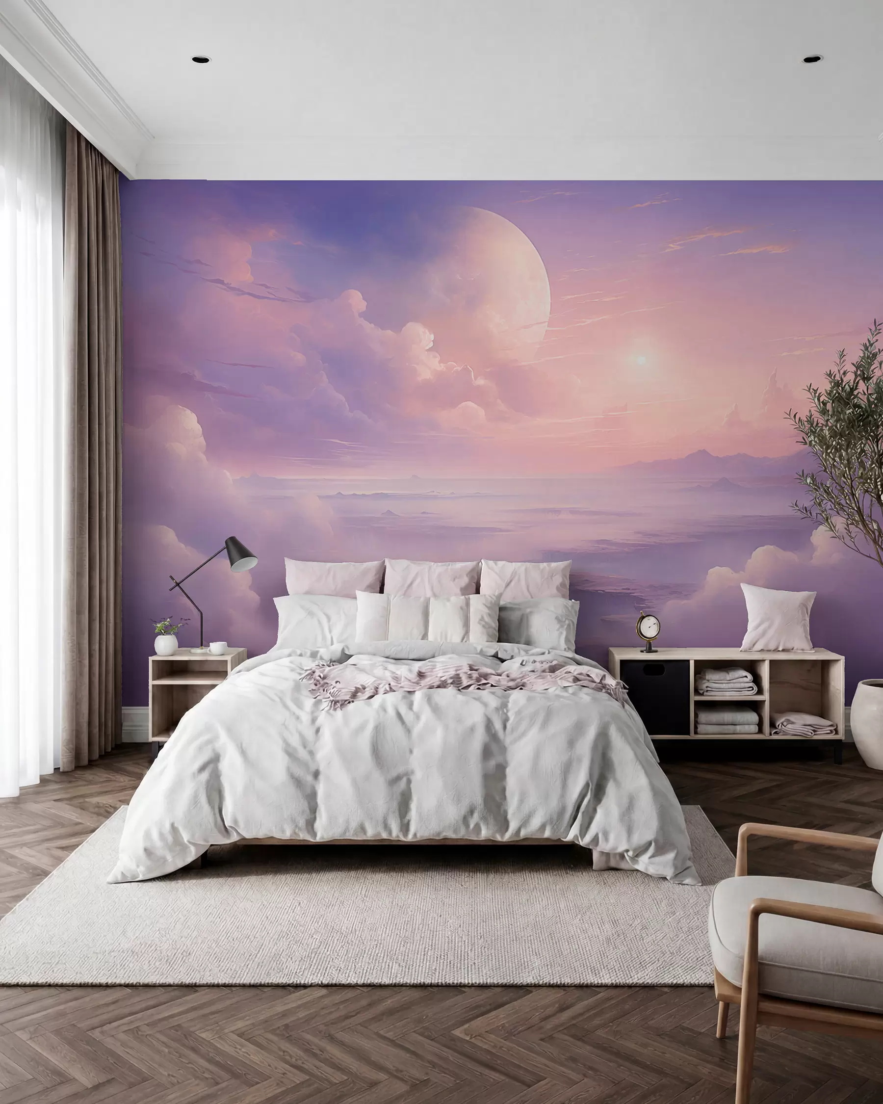 murales de pared Cielo mágico rosa púrpura con la luna y las nubes w08986