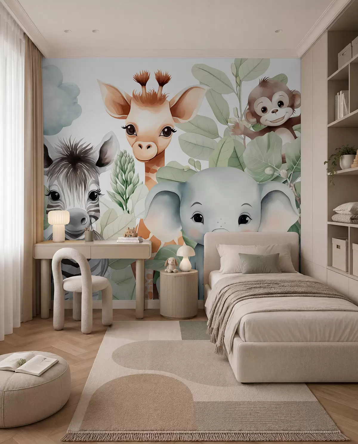 murales de pared Jirafa, cebra, elefante y mono entre el follaje w03677