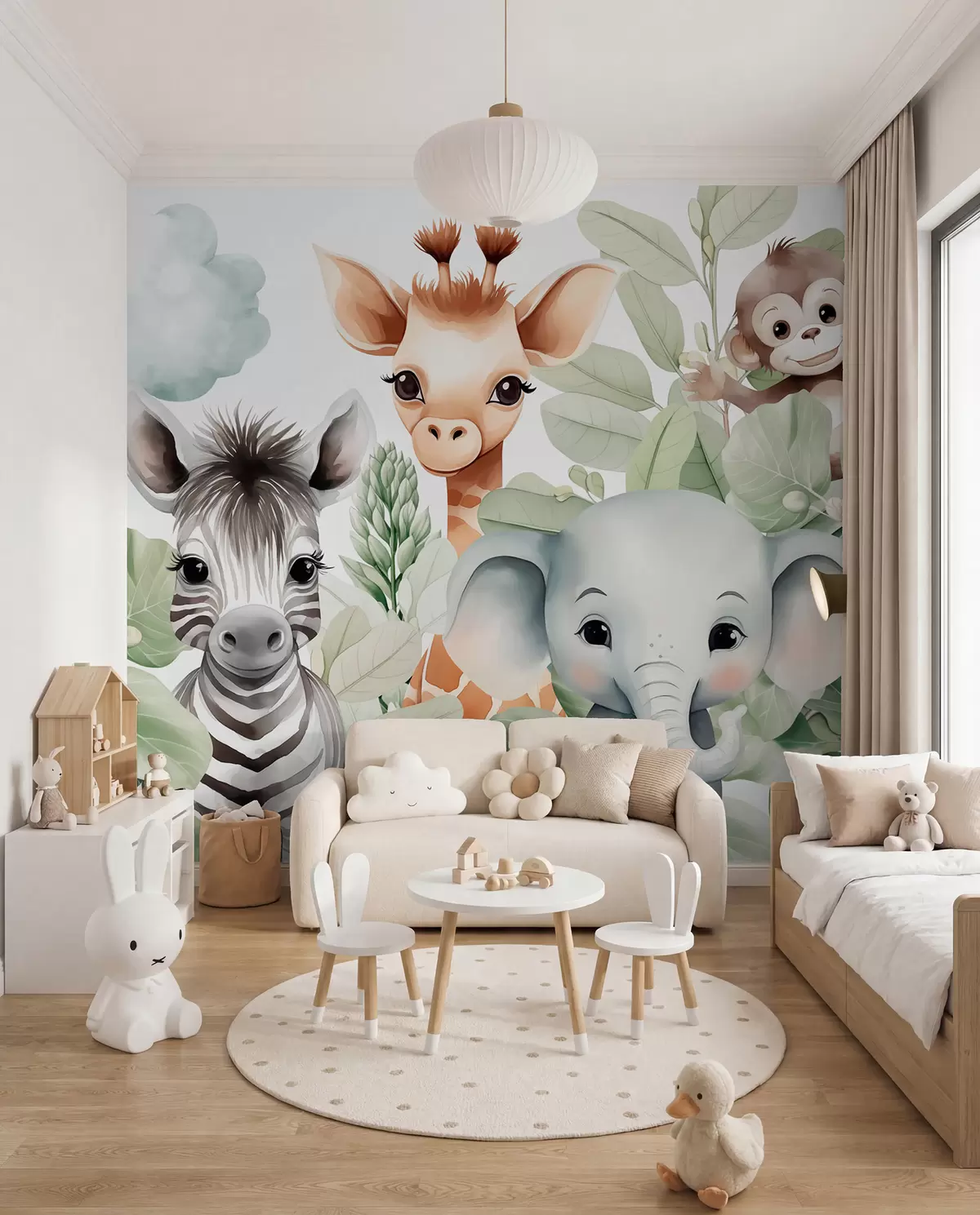 murales de pared Jirafa, cebra, elefante y mono entre el follaje w03677