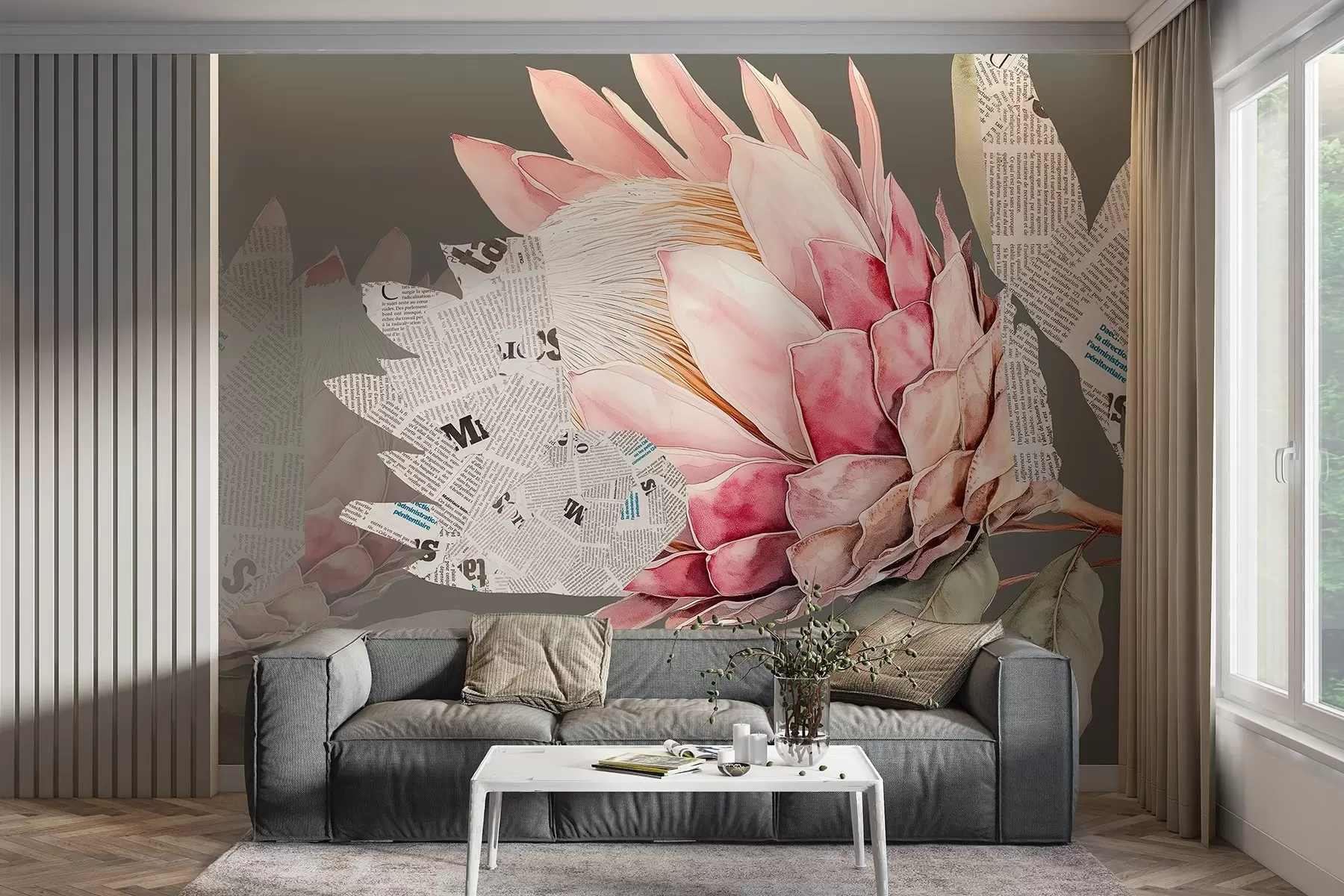 murales de pared Flores de Protea, arte del periódico, floral, tropical, fondo verde w03667v1