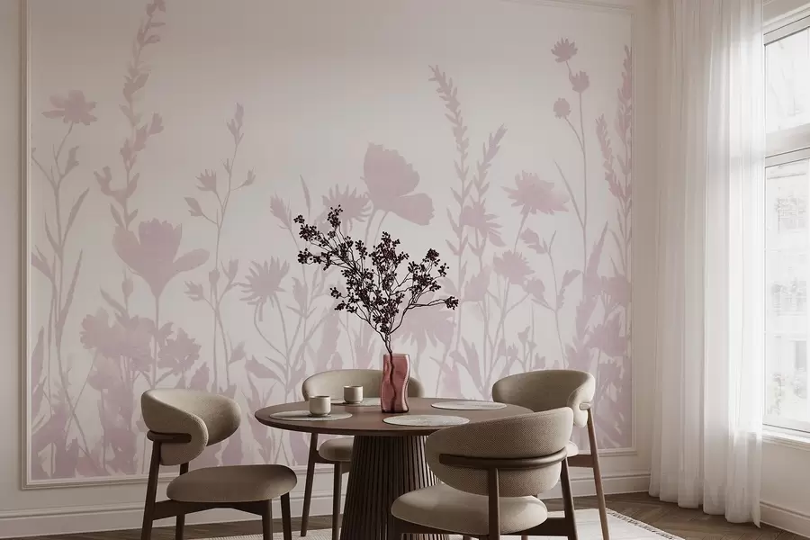 murales de pared Pradera de verano, rústico, flores, paleta de color rosa w03670v2