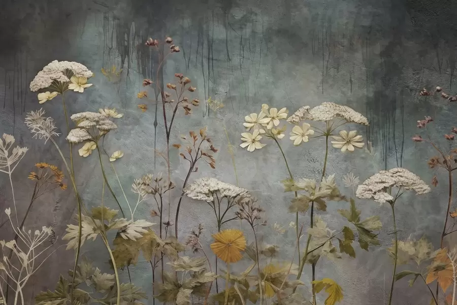 murales de pared Flores silvestres y hierbas en el fondo de la pared grunge w03697
