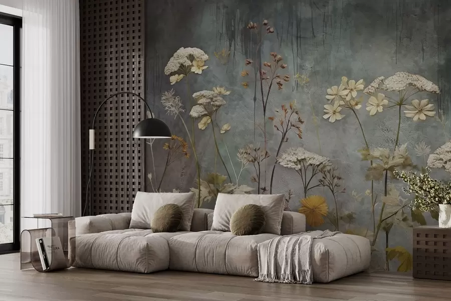 murales de pared Flores silvestres y hierbas en el fondo de la pared grunge w03697