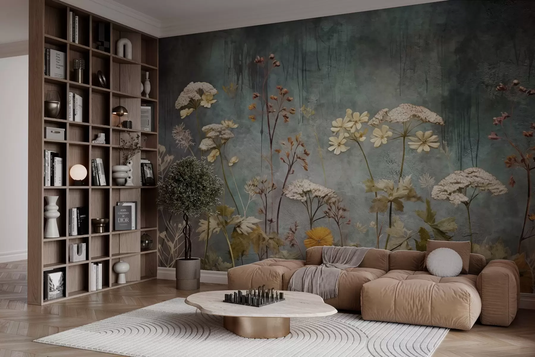 murales de pared Flores silvestres y hierbas en el fondo de la pared grunge w03697