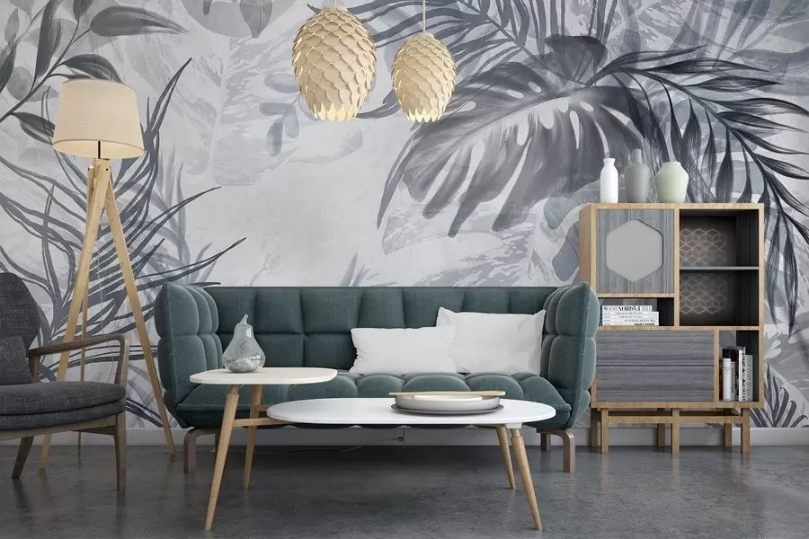 murales de pared Monstera y hojas de palma en tonos de azul y gris, botánico, follaje tropical, plantas de la selva, fondo texturizado w09011v1