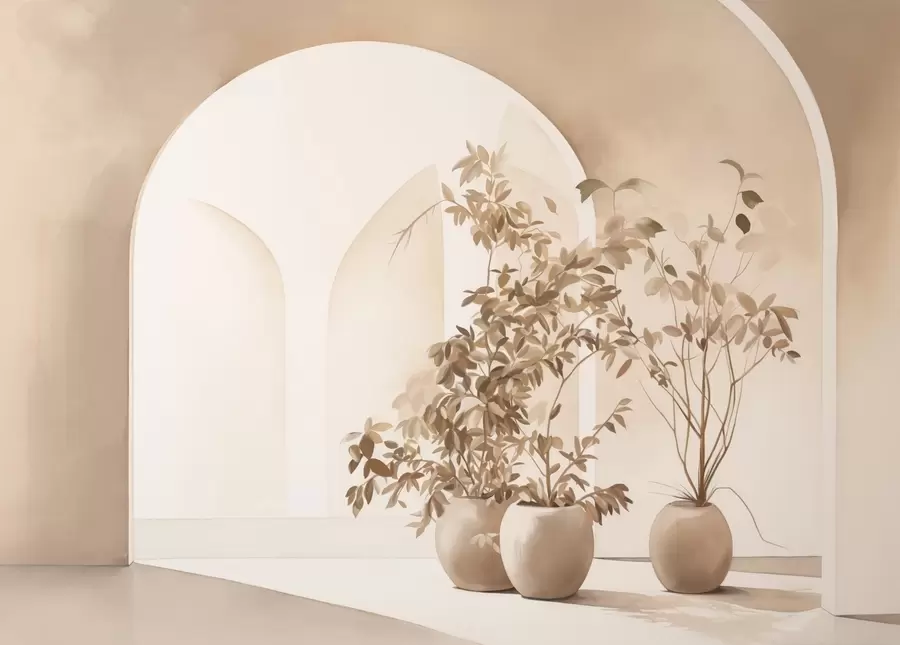 murales de pared Plantas en macetas con tonos beige delante de arcos abstractos, estilo minimalista, elegante y limpio, fondo neutro w09013