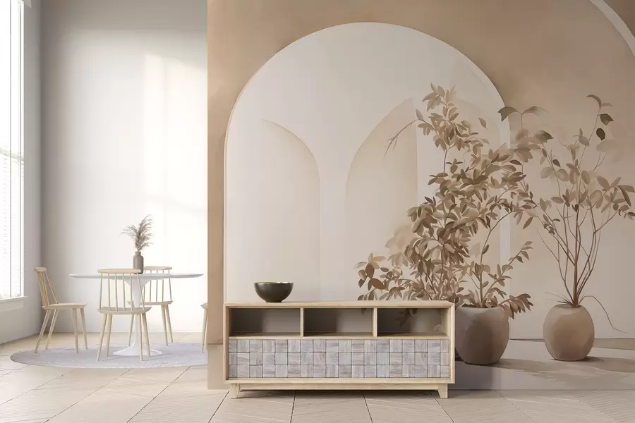 murales de pared Plantas en macetas con tonos beige delante de arcos abstractos, estilo minimalista, elegante y limpio, fondo neutro w09013