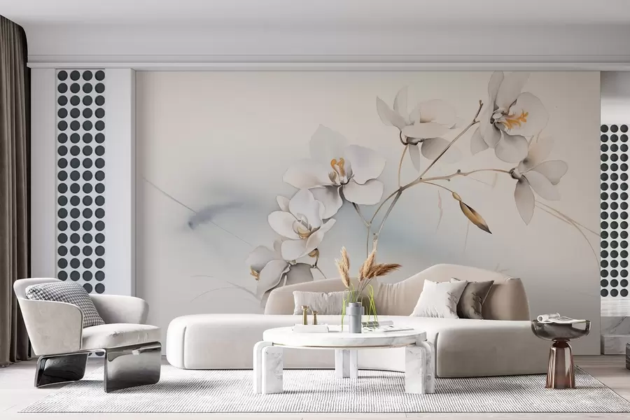 murales de pared Rama de orquídea blanca en estilo acuarela w09022