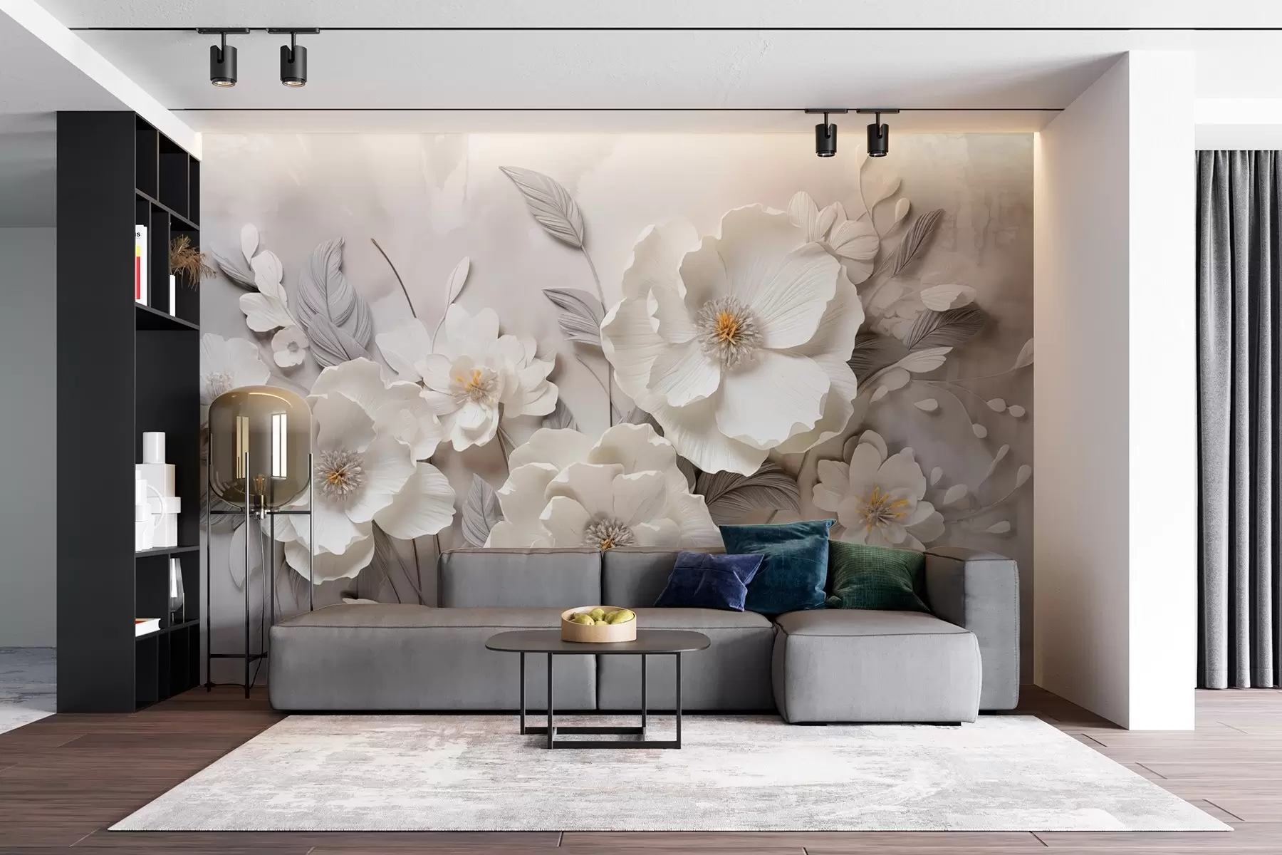 murales de pared Elegantes flores blancas con pétalos finos y estambres amarillos sobre fondo gris w09029