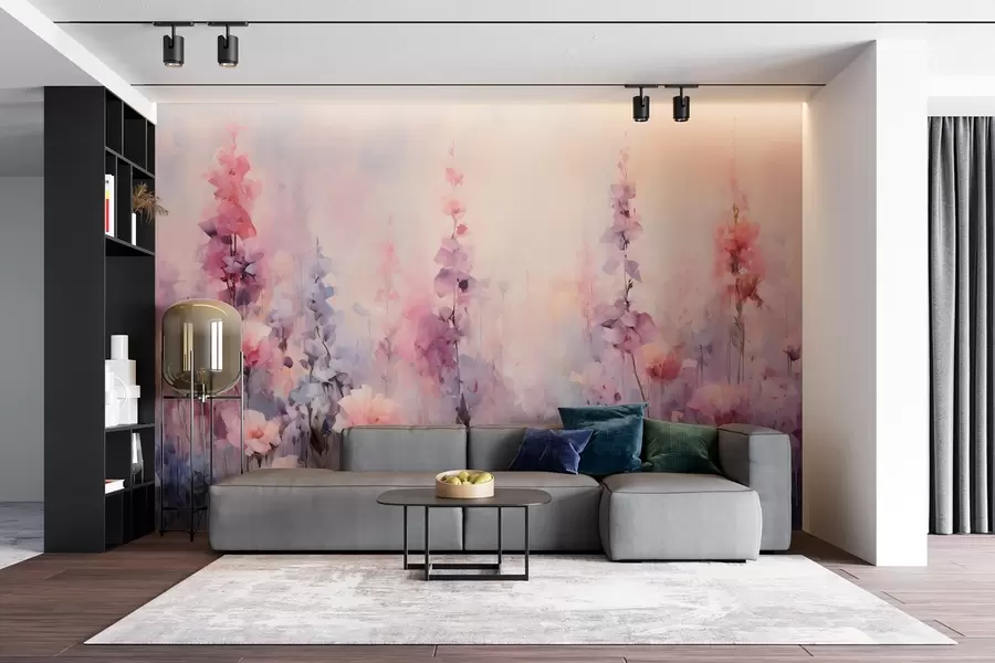 murales de pared Coloridas flores silvestres en estilo acuarela: lilas, amapolas, margaritas w09038