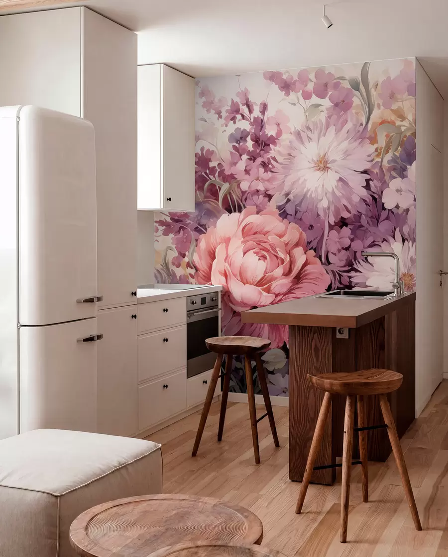 murales de pared Flores coloridas en tonos rosas y morados: lilas, peonías, crisantemos w09039