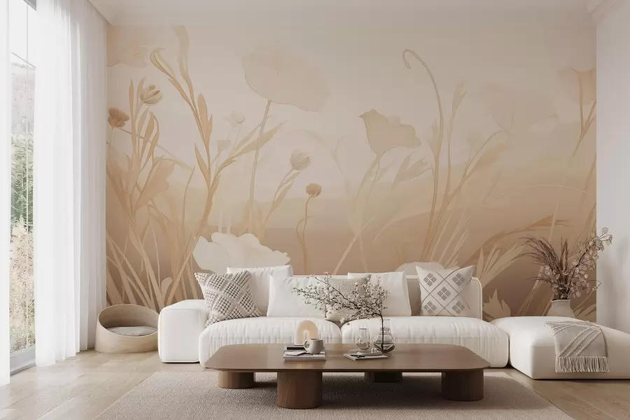 murales de pared Amapolas blancas en tonos beige-gris w09041