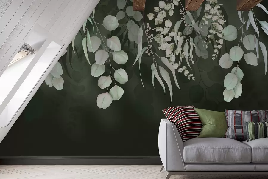 murales de pared Hojas tropicales sobre fondo verde oscuro, floral w03752