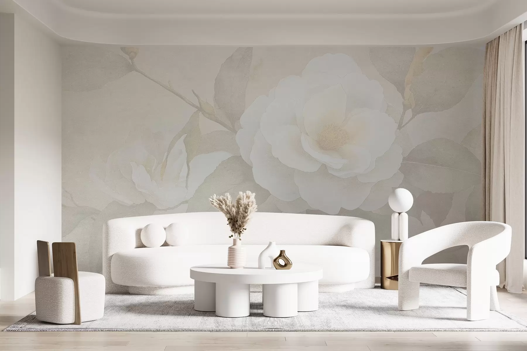 murales de pared Pastel suave con flores de camelia en la rama, colores beige w03760