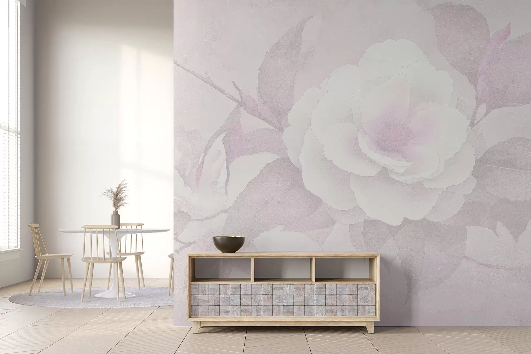 murales de pared Pastel suave con flores de camelia en la rama, colores rosados w03760v2