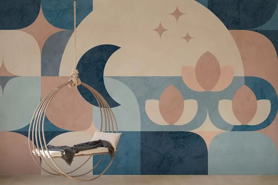 murales de pared abstracción geométrica, donde las formas suaves se entrelazan suavemente con símbolos de la luna, las flores y las estrellas w03723