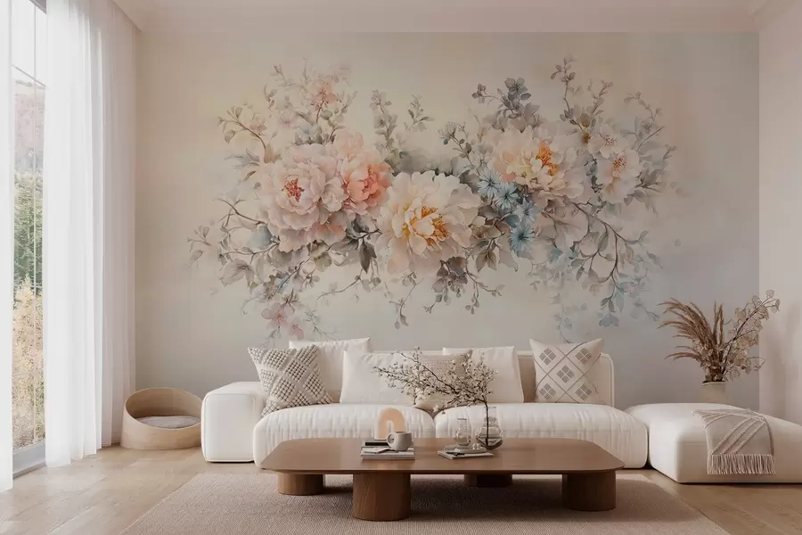 murales de pared delicadas flores estilo acuarela en tonos pastel rosa, beige y azul w03724