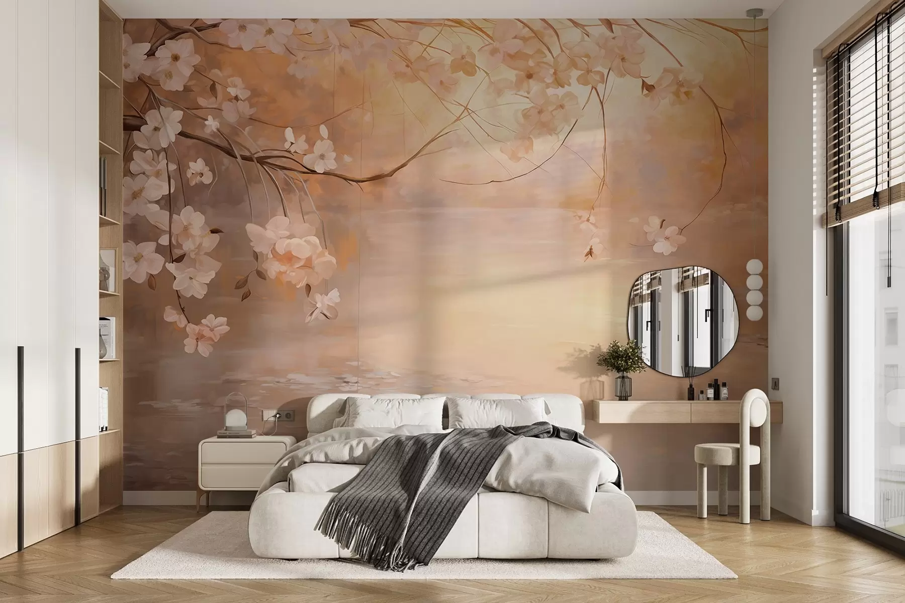 murales de pared Arte abstracto del paisaje con la rama de la flor y las flores blancas que cuelgan sobre un lago, colores pastel suaves w09046