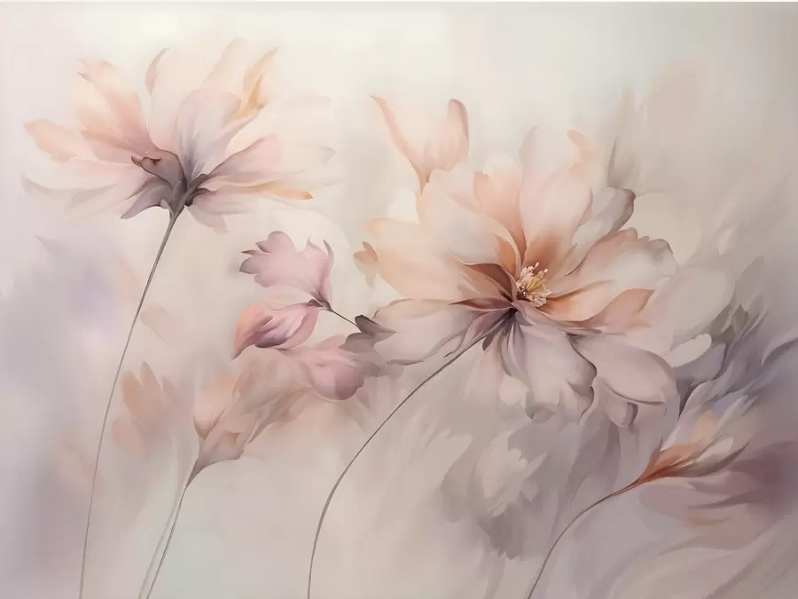 murales de pared Un delicado arte floral con grandes flores de colores pastel con pétalos translúcidos, tallos suaves y un suave fondo difuminado w09050
