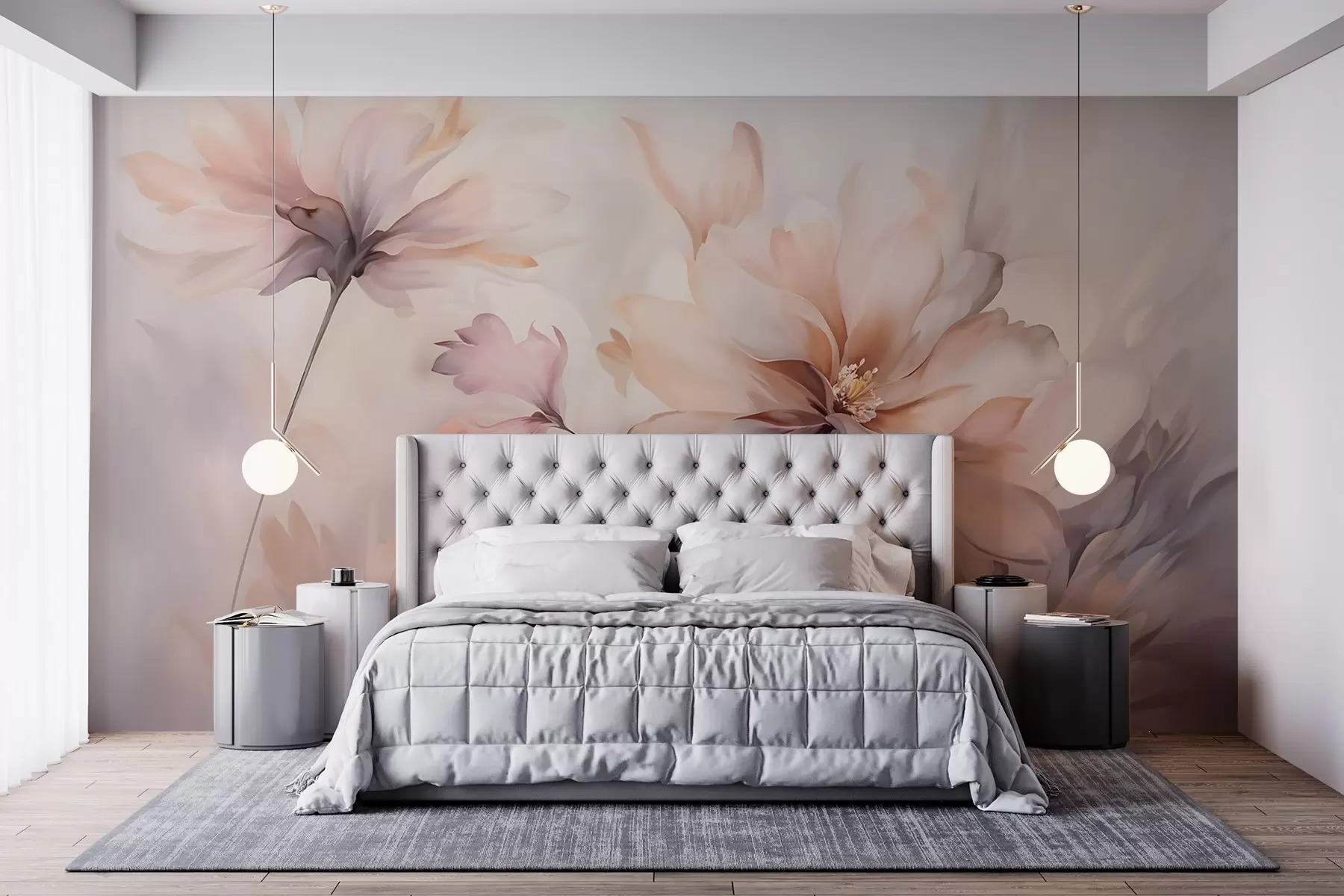 murales de pared Un delicado arte floral con grandes flores de colores pastel con pétalos translúcidos, tallos suaves y un suave fondo difuminado w09050