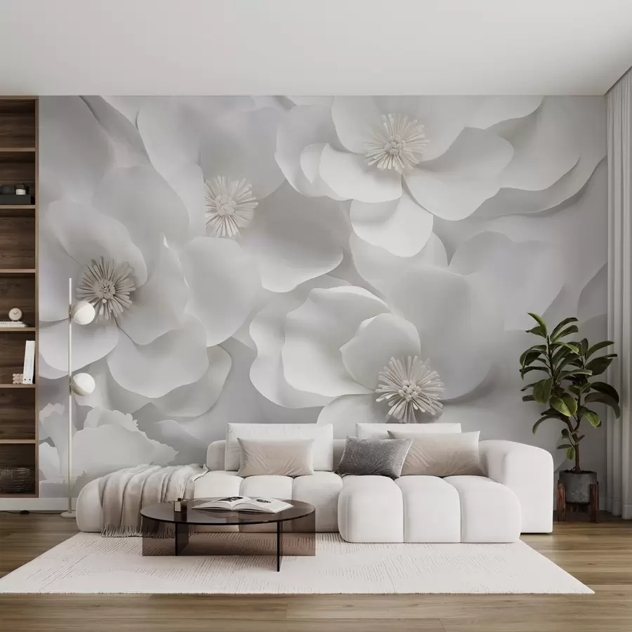 murales de pared Flores blancas con delicados pétalos, dispuestas en un denso racimo, creando una sensación de pureza y elegancia sobre fondo blanco w09053