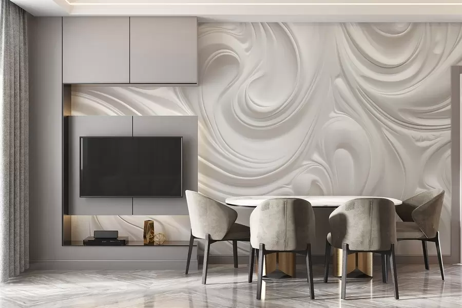 murales de pared Arte moderno abstracto blanco con remolinos y ondas fluidas, textura suave, diseño elegante, estética minimalista w09059