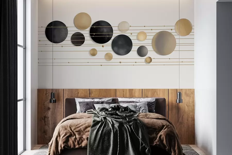 murales de pared Diseño moderno abstracto con círculos texturizados en tonos blancos, amarillos y grises, conectados por líneas finas, arte minimalista w09060