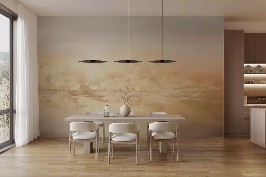 murales de pared Paisaje abstracto texturizado con colores cálidos, una atmósfera suave y soñadora y una mezcla de tonos naranjas, amarillos y blancos w09063